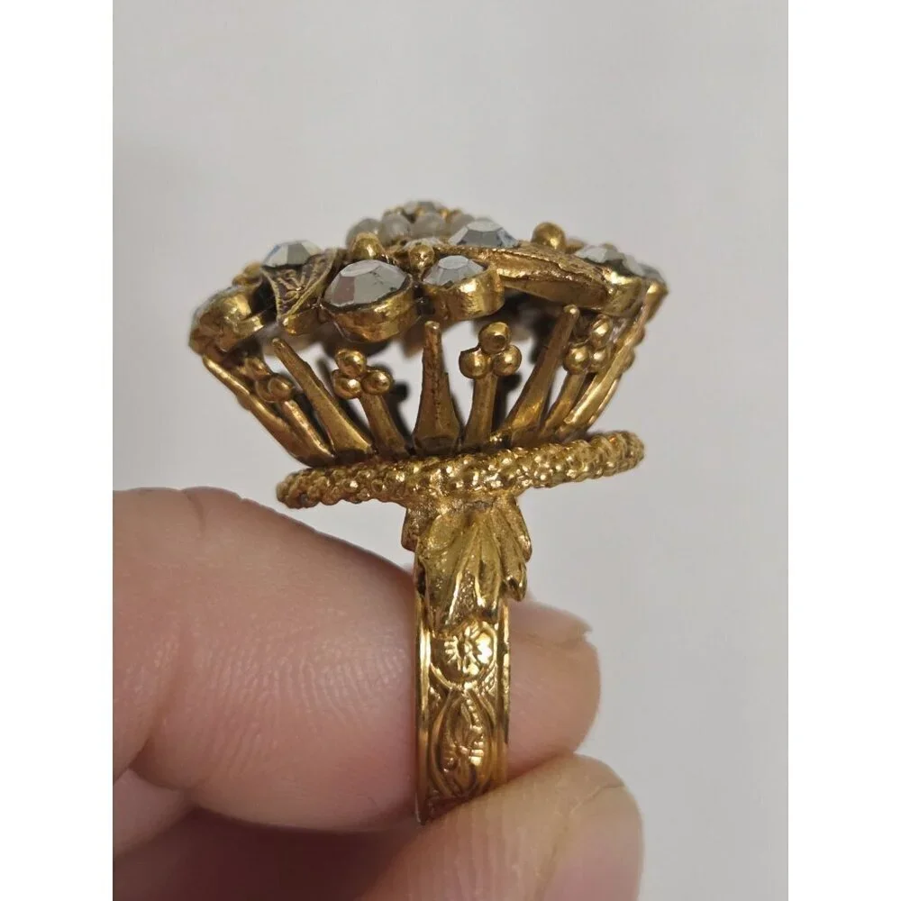 Vtg Florenza Ornate Gold Tone Rhinestone Faux Pearl Cocktail Ring Filigree